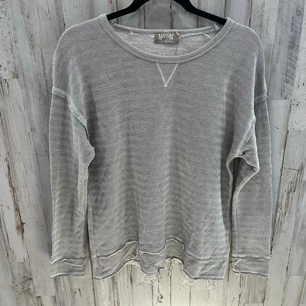 Nation LTD Womens Gray Herringbone Distressed Raw Seam Sweater Sweatshirt Small
